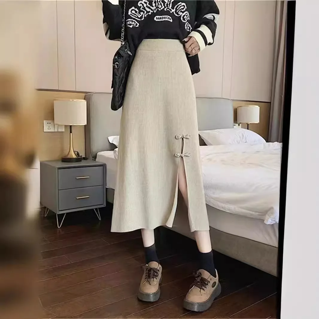 2024 Spring and Autumn New Split Cheongsam Skirt, Mid to Long Knitted Half length Skirt, High Waist, Slim and Hairy Dress