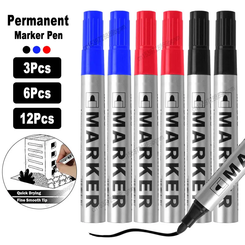 3/6/12Pcs Waterproof Permanent Paint Marker Pen 2mm Tip Black Blue Red Oily Ink Quick Dry Signature Pen Art Drawing Stationery