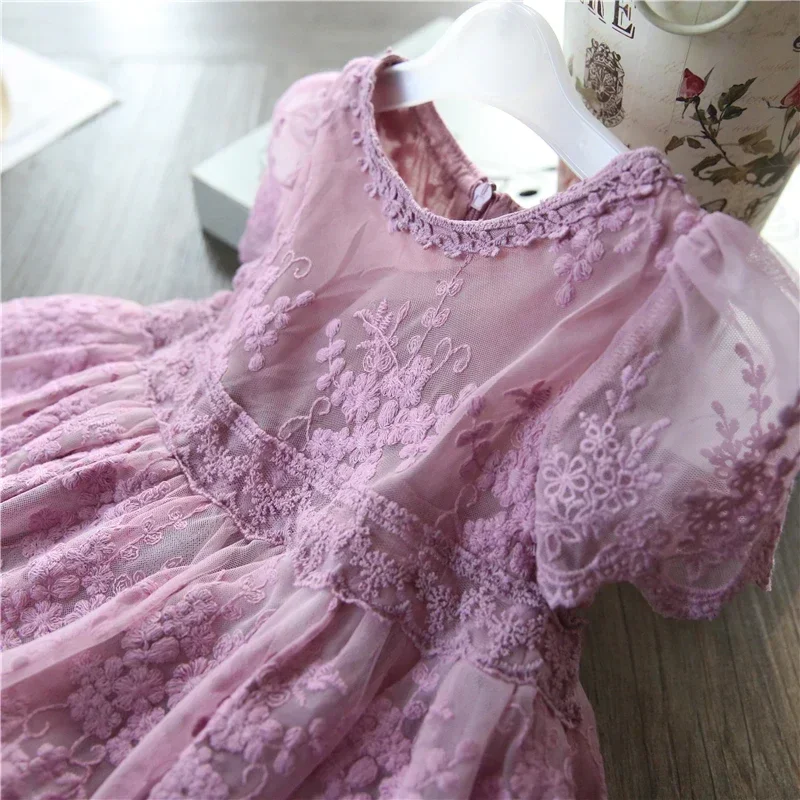 Vintage Girl Dress Embroidery Lace Flower Dress Children Short Sleeve Birthday Party Vestido Summer Toddler Girl Clothes 3-8 Yrs