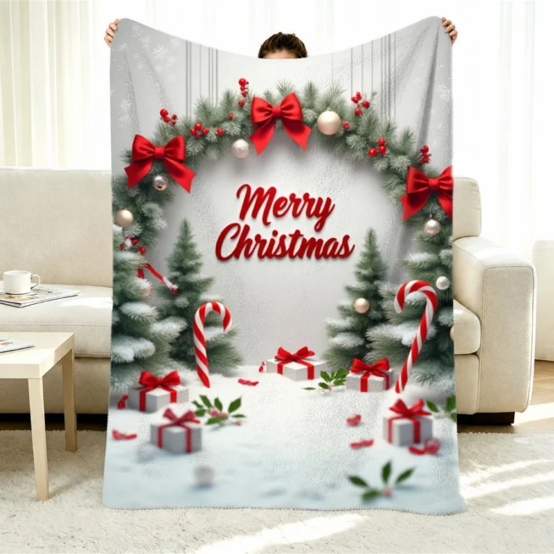 Merry Christmas Pine Wreath Candy Cane Gift Box Snow Scene Flannel Throw Blanket, Winter Holiday Decorative Blanket for Sofa