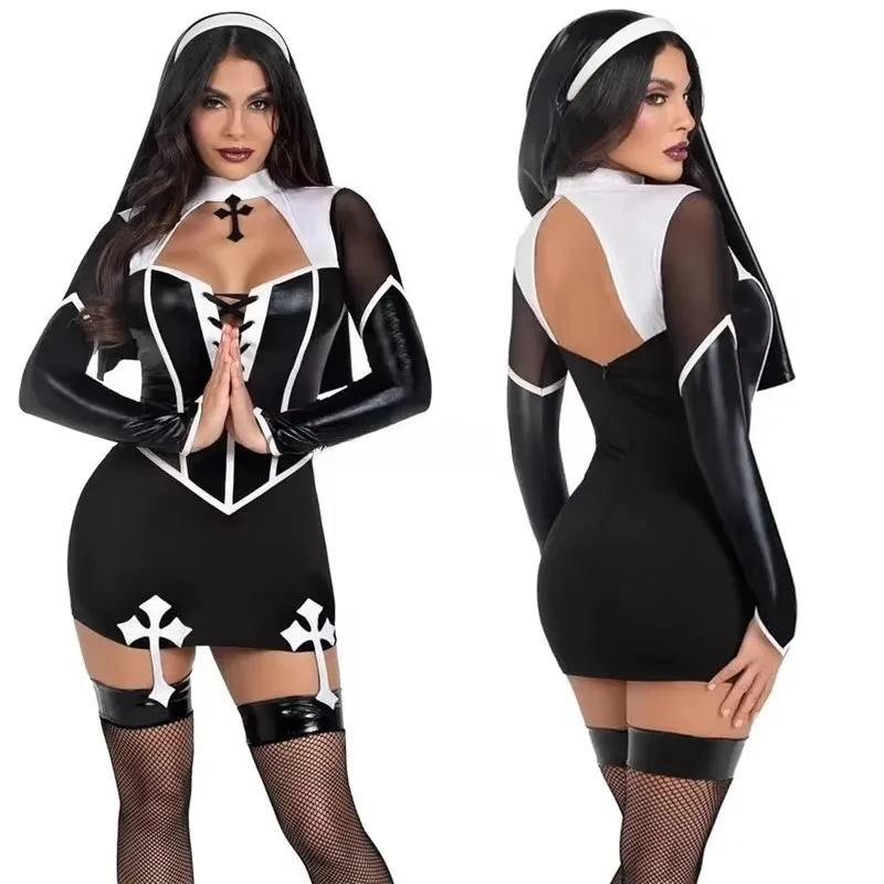 

Women Halloween Nun Costume Sexy Black Pu Leather Hollow Nun Cosplay Outfit Tops with Skirts Carnival Party Rolepaly Dress Up