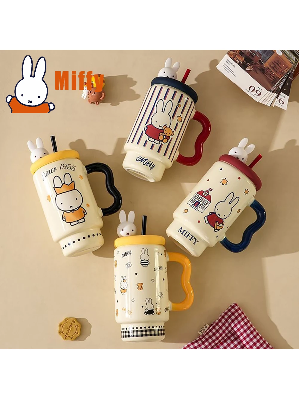Tasse en céramique Miffy Kawaii, tasse de lapin mignon avec couvercle, paille, tête Miffy, verres décoratifs, joli gobelet isolé, cadeau pour fille
