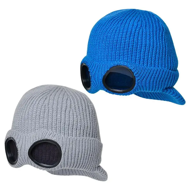 

Beanie Caps With Goggles Windproof Ear Protection Knitted Hat Women Men Winter Head Warmer Caps Outdoor Camping Skiing Supplies