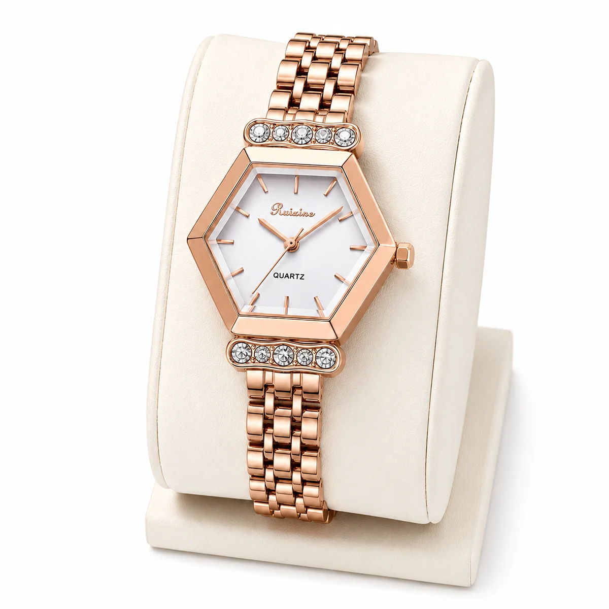 RUIXINE Ladies Hexagonal Dial Quartz Watch Shiny Rhinestone Inlaid Wristwatch Elegant Classic Dress Watch Women Daily Party Gift
