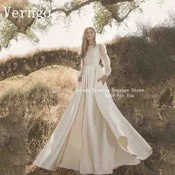 Verngo lvory Satin Party Dress For Women O Neck A Line Maxi Formal Prom Dress 2024 Full Sleeves Botton Back Evening Dress