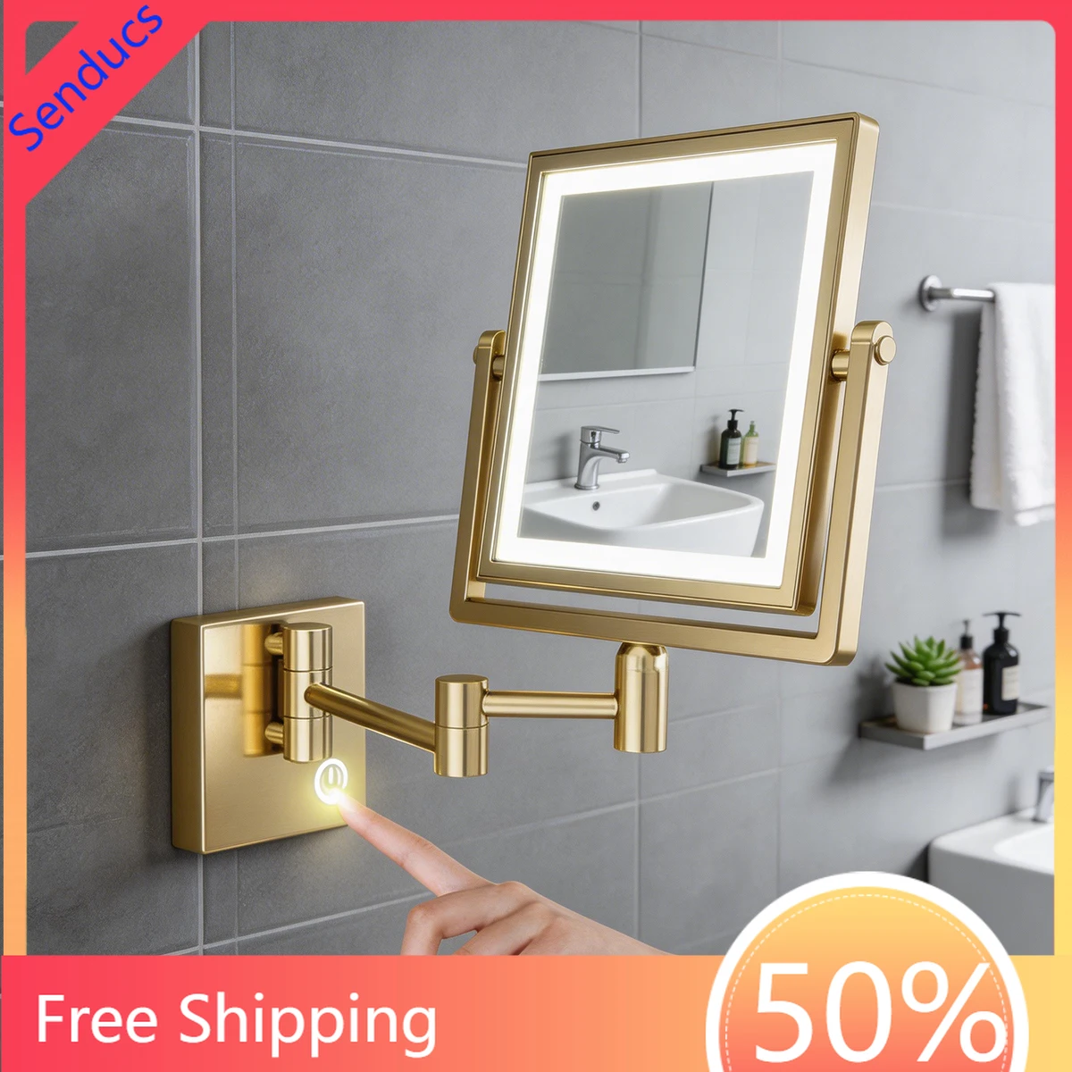 

Touch Led Folding Bathroom Mirror Quality Brass 3X Magnifying Dual Arm Extend Square Makeup Mirrors Touch on Led Bath Mirrors