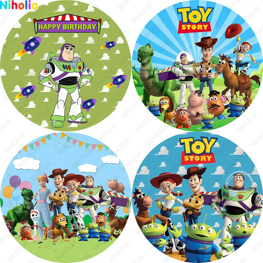 Toy Story Buzz Lightyear Round Bacdrop Cover  Photography Background For Boy 1st Happy Birthday Banner Covers Circle Decor Photo