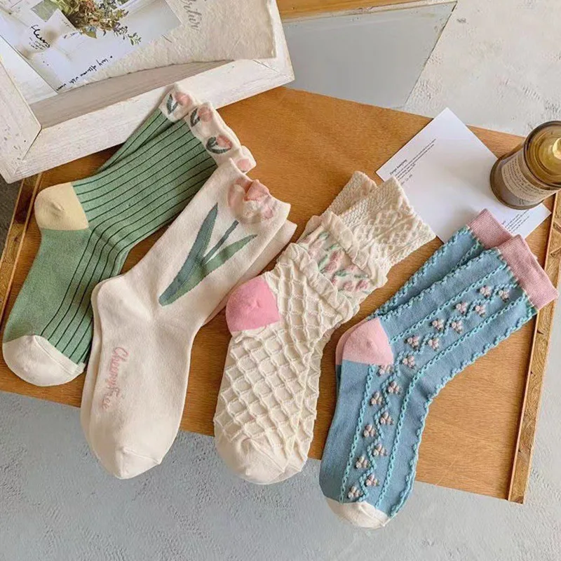 Autumn Winter Style Tulip Series Women Socks Lovely Flower Print Embroidery Cotton Socks  Harajuku Frilly Ruffle Princess Soxs