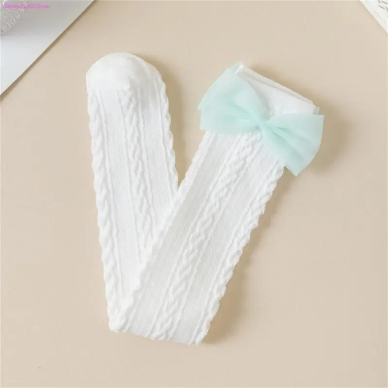 D0JC Girls Stretchy Knee Length Socks Breathable Mesh Fabric Stockings Bowknot Detail
