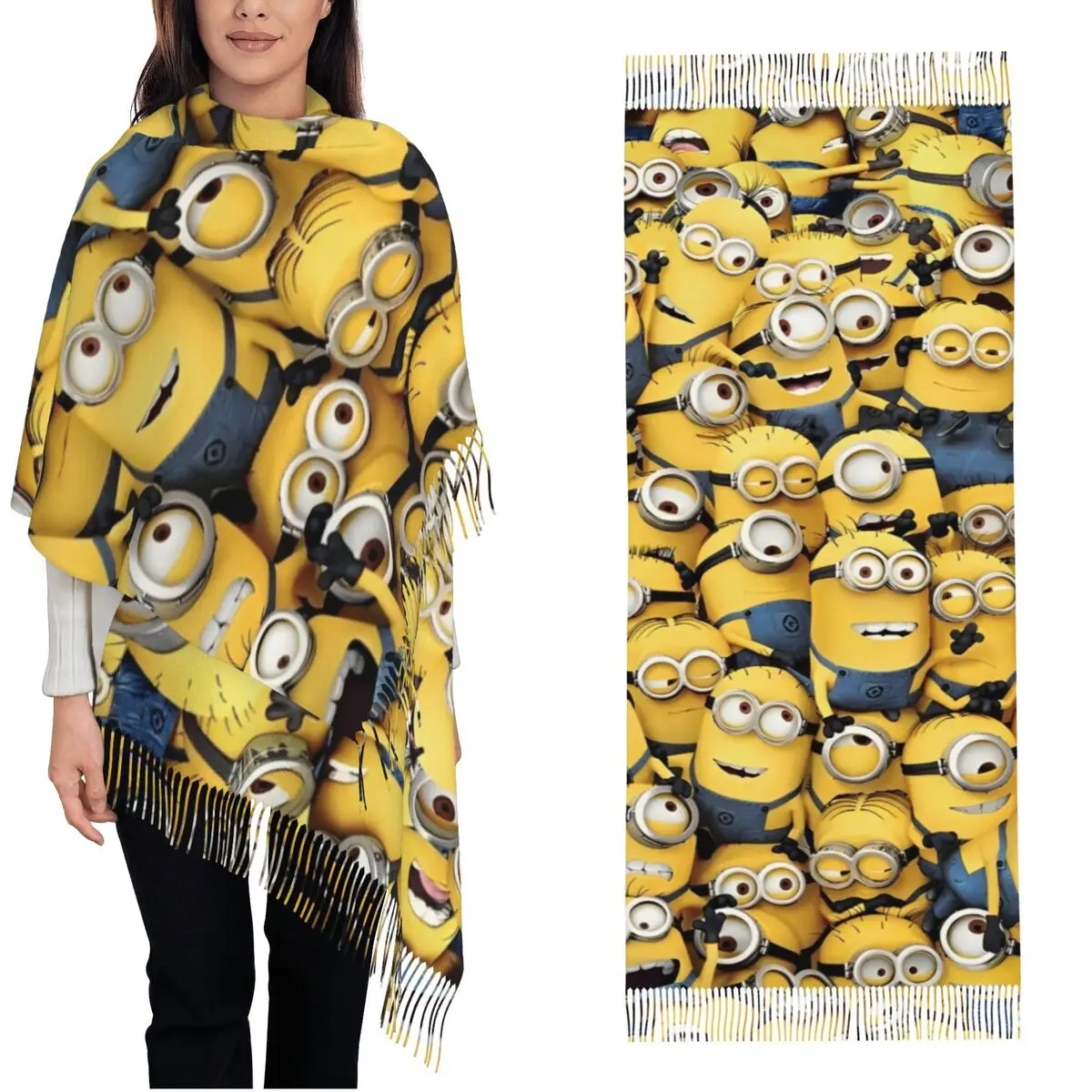 Bufanda Kawaii de Minions de Despicable Me para mujer, chales Pashmina y envoltura de otoño e invierno, bufandas grandes de dibujos animados con borlas para mujer