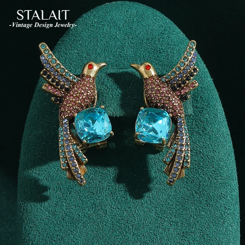 

Vintage Rhinestones Blue Crystal Stud Earrings Phoenix Chinese For Woman Luxury Quality Jewelry Antique Accessories Gold Color
