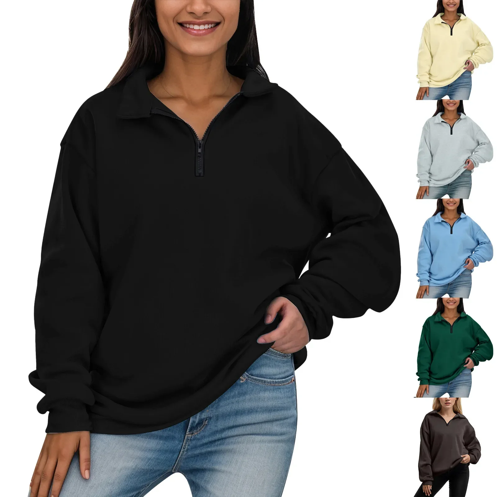 

Womens Casual Long Sleeve Sweatshirt Solid Color Half Zip Drop Shoulder Quarter 1/4 Zipper Pullover Oversized Tunic Top