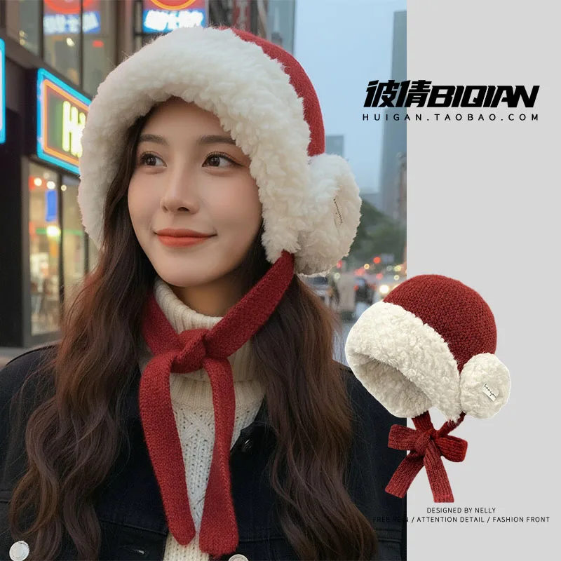 

Winter Thickened Warm Earmuff Bomber Hat Women Autumn and Winter Riding Windproof Ear Protection Pullover Christmas Beanie Hat