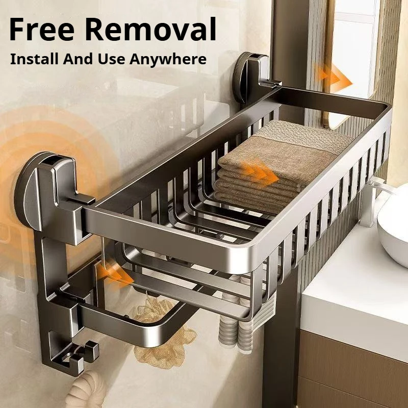 Suction Cup Towel Rack with Coat Hook Foldable Towel Storage Rack with Hook Wall Mounted Shelf Bathroom Shelf  40/50cm