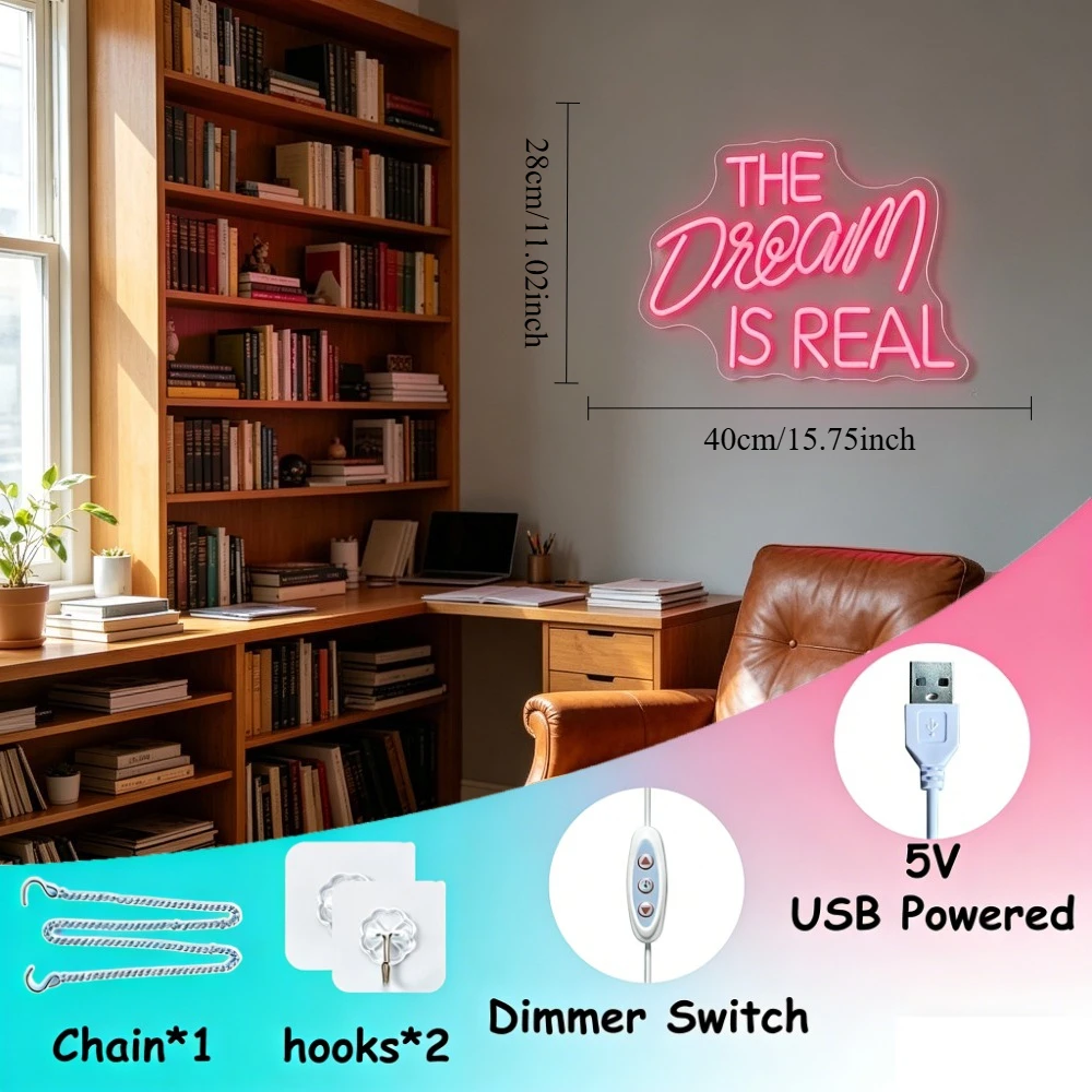 The Dream Is Real Neon Sign Dimmable Wall Light Teen Bedroom Decor LED Neon Light Beauty Salon Bar Cafe Selfie Booth Art Wall