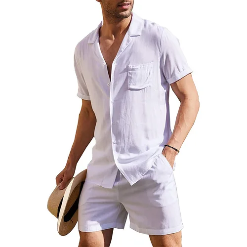 Imagen 2 del producto Conjunto de camisa de lino y algodón para hombre, traje informal de 2 piezas para exteriores, ropa de casa, pijamas cómodos y transpirables, conjuntos de manga corta para playa, Verano