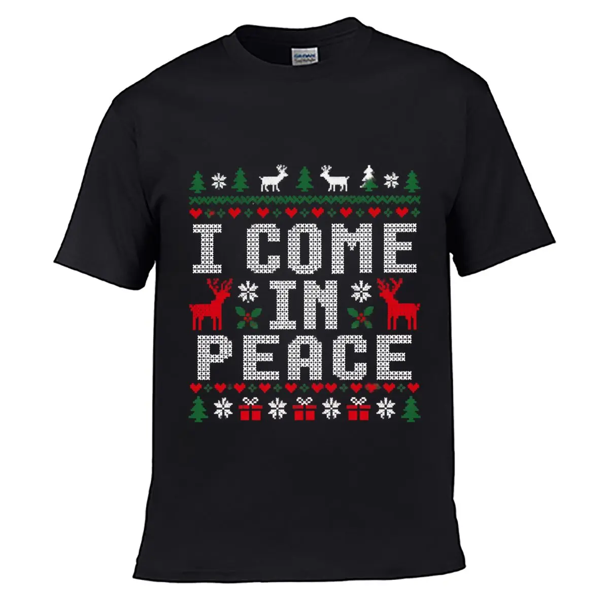 Christmas Reindeer Trees Hearts Gifts Holly Snowflakes Pattern Loose Casual T-shirt