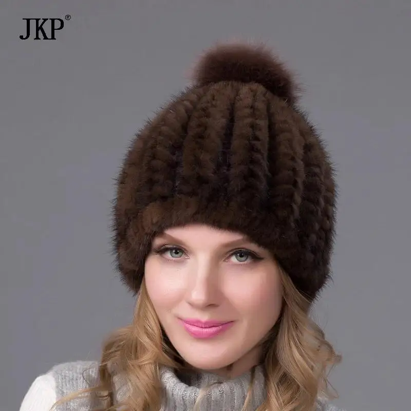 2024 New Fashion Winter Warm Hat Genuine Mink Fur Ball Cap With Copious Female Beanie Knit Cap and Liner 6 Colors BZ-11