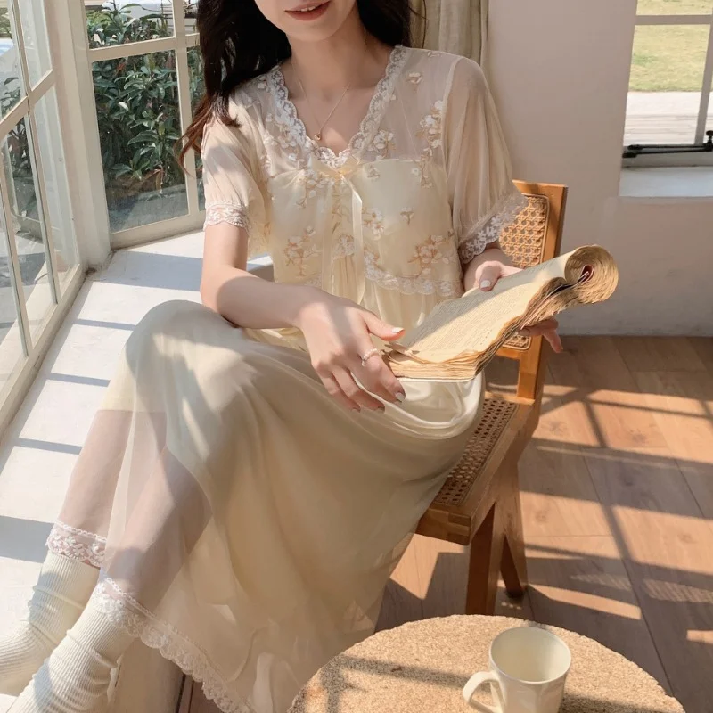 Summer Fashion Mesh Night Dress Vintage Lace Cute Short Sleeve Nightgown Sweet Solid Color Long Nightwear Sexy V Neck Sleepwear