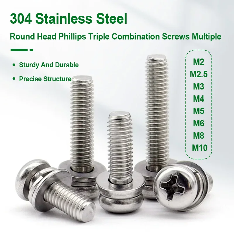304 Stainless Steel Round Head Phillips Combo Screws Assortment Kit M2 M2.5 M3-M10 Flat Spring Washers Anti Rust Fastener Set