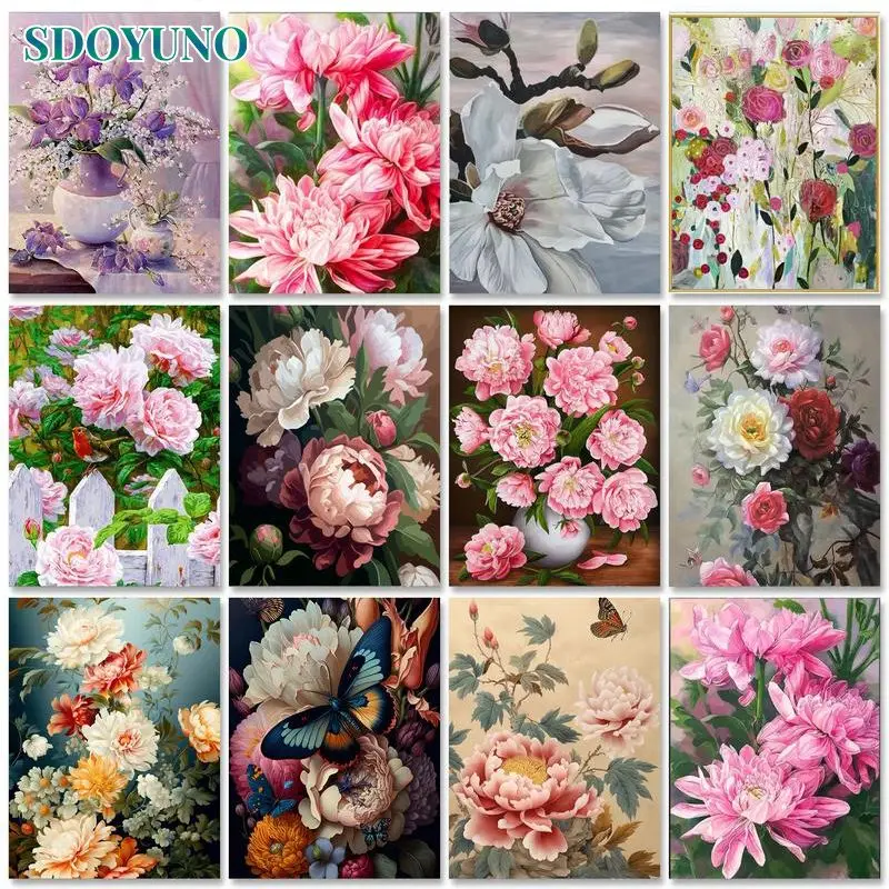 

SDOYUNO Acrylic Painting By Numbers Peony Flowers For Adult Kit Oil DIY HandPaint Canvas Paint Coloring Picture Home Decor