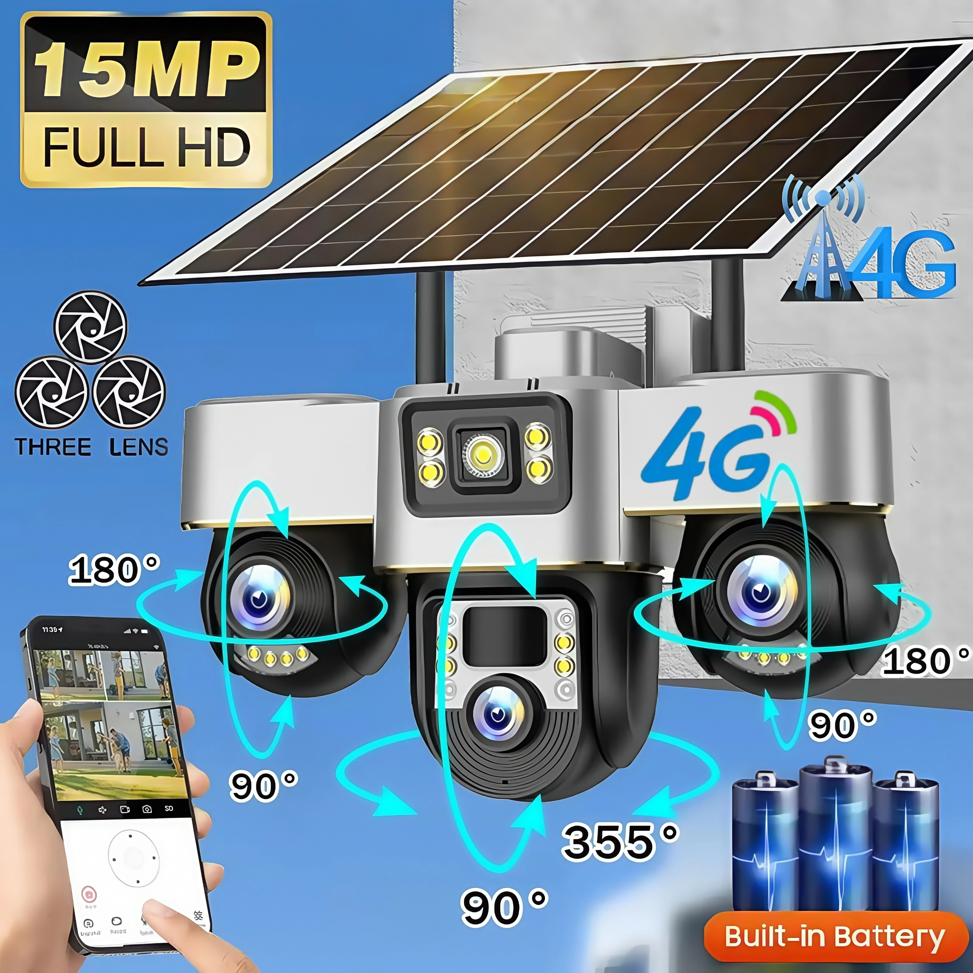 

15MP Three Screens 4G IP Camera Wireless Outdoor Three PTZs Lens Two-Way Audio Human CCTV Auto Tracking Surveillance 360 Cameras