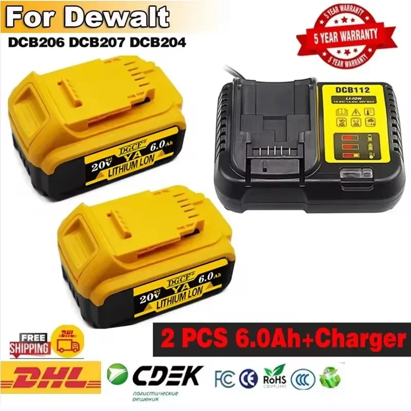 for DeWalt 20V 6.0Ah  power Tools DCB184 DCB200 rechargeable electric tool battrey 20v 6000mah Battery set