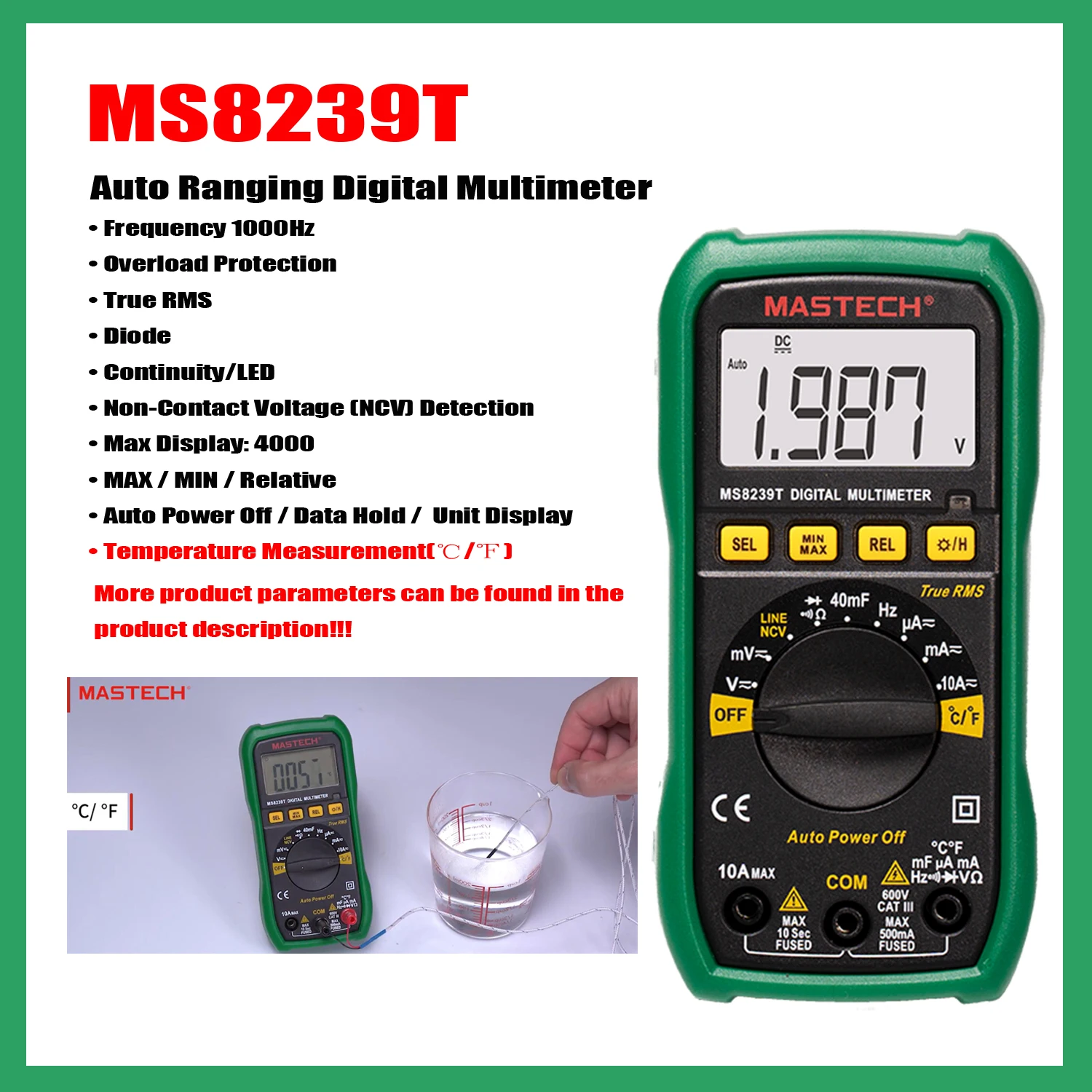 Imagem -02 - Mastech-multímetro Digital com Luz de Fundo Capacitância Atual hz Diodo Testador de Ohm Amperímetro Voltímetro dc ac Ms8239d Mais Ms8239t