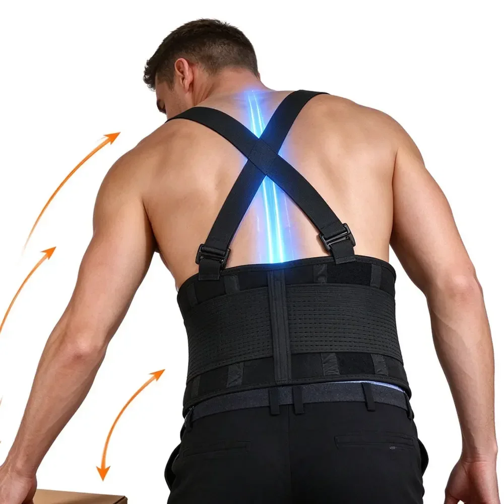 Lifting Safety Lumbar Back Brace with Cross Shoulder Straps, Compression Waist Support Belt, Reduce Lower Back Injury Risk Heavy