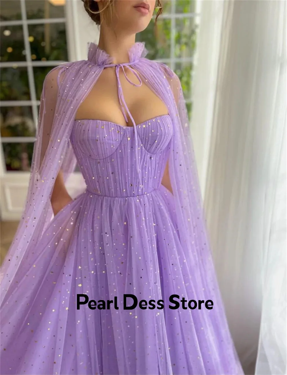 Sweet Cloak A-line Prom Dress Lavender Evening Dress Sparkling Organza Sweet Tulle Sweeping Train Party Dress