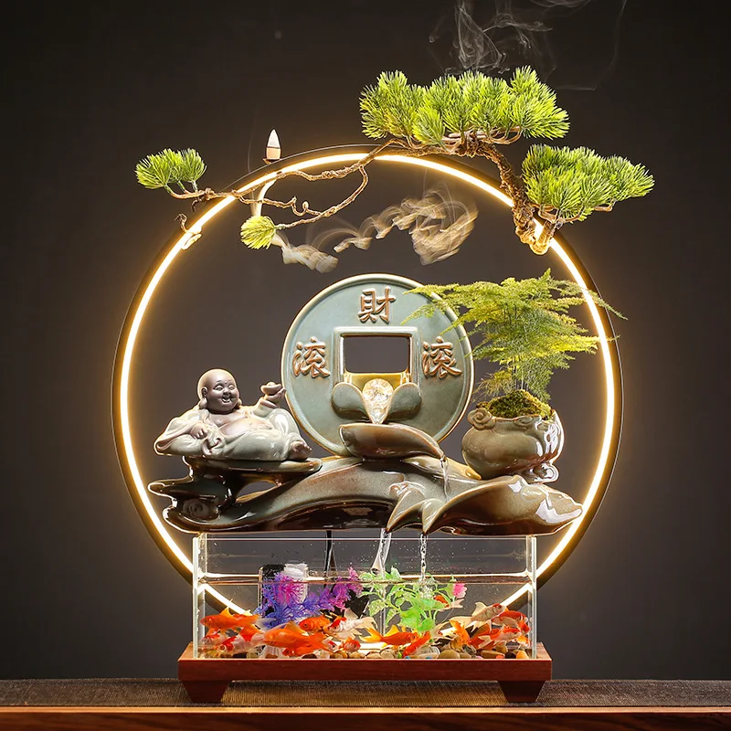 Chinese Style Flowing Glass Fish Tank Decoration, Foyer Home, Office, Living Room, Desktop Decoration, Opening Gift