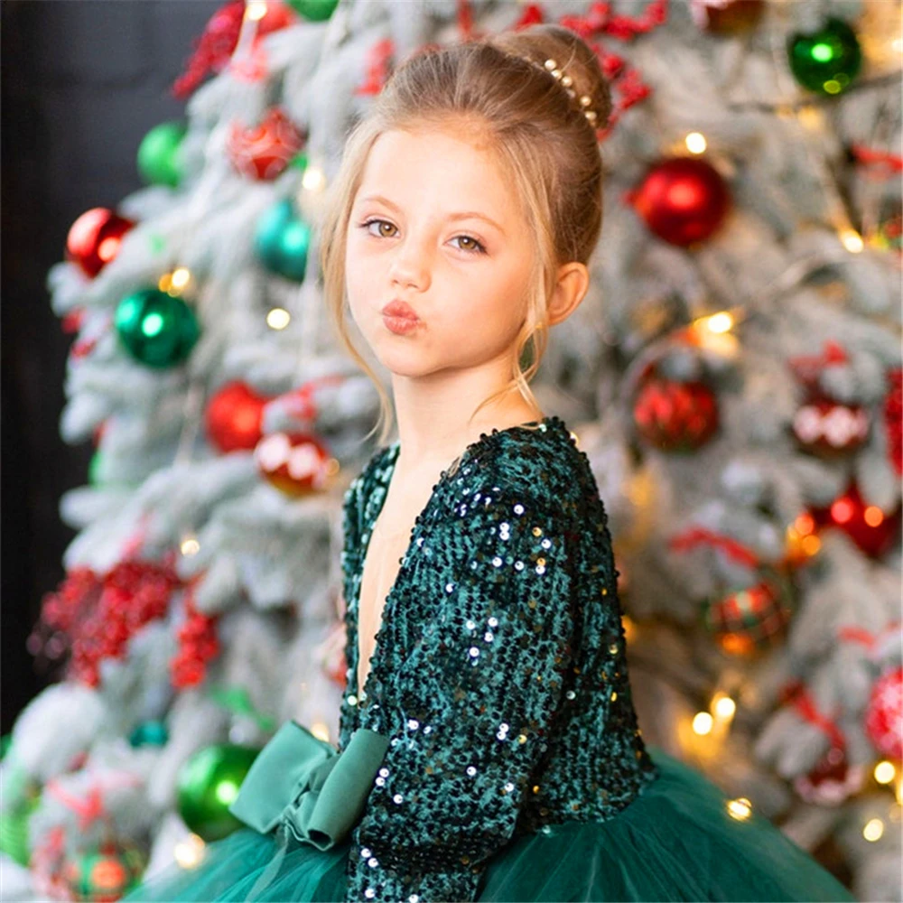 Princess Ball First Communion Dresses Kids Surprise Birthday Present Gorgeous Green Angel Tulle Lace Sequins Flower Girl Dress