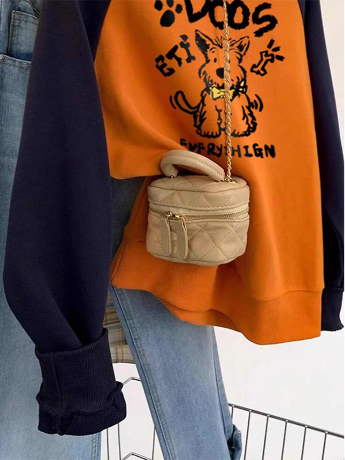 Retro American oulder Sweatirt Women's Spring Autumn New Cartoon Happy Dog Print Color Blo Long Sve Top