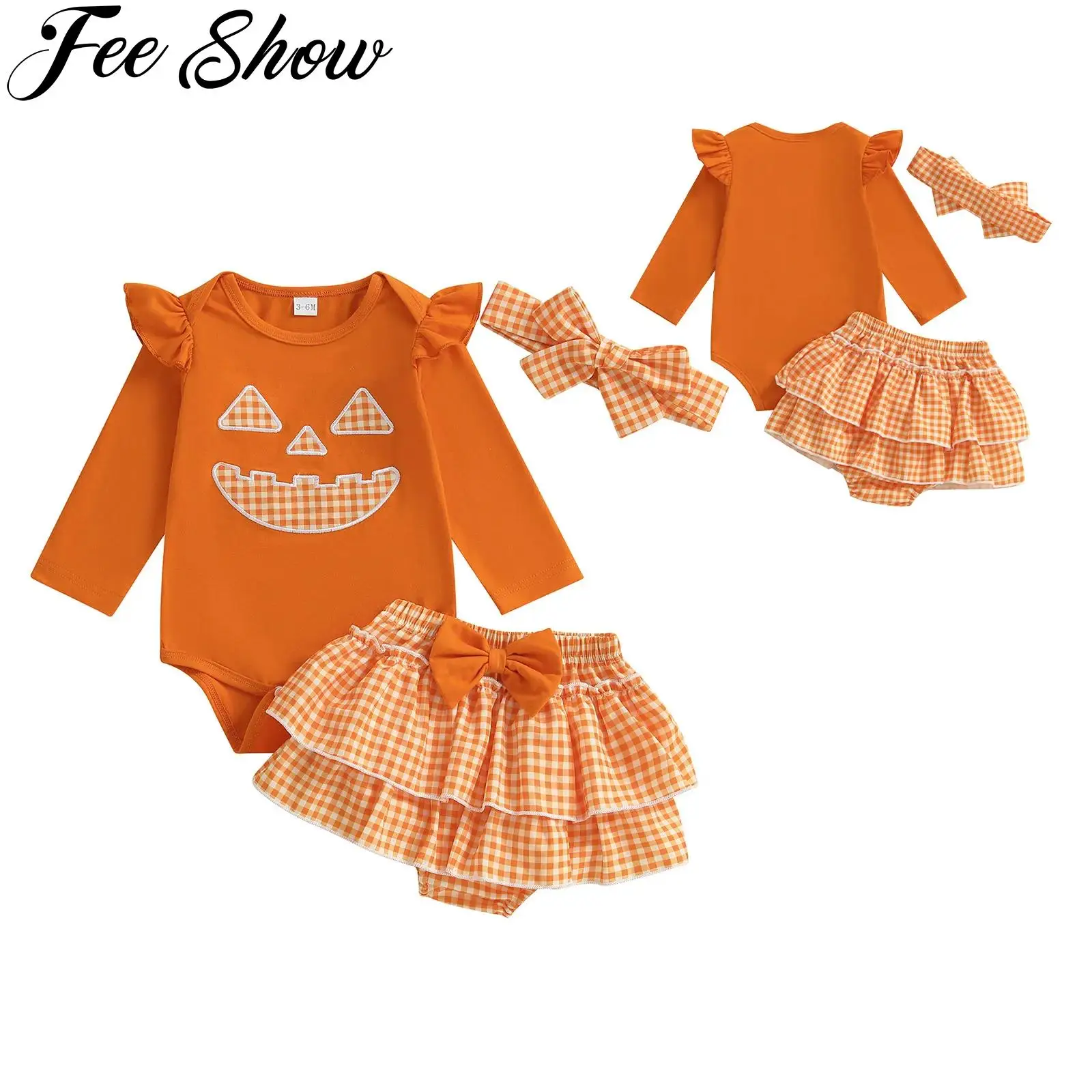 

Newborn Baby Girls Halloween Clothes Infant Cute Pumpkin Outfits Ruffles Long Sleeves Rompers with Tiered Plaid Skirt Headwear