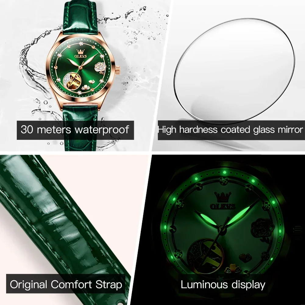 OLEVS Corium Strap Waterproof Women Wristwatch Hot Style Great Quality Fashion Automatic Mechanical Watches for Women Luminous