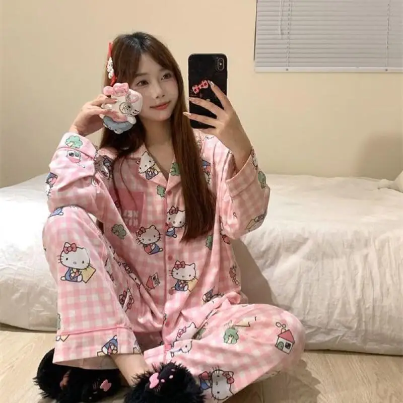 Pyjama imprimé dessin animé Sanrios Hello Kittys pour femme, vêtements de détente, Cardigan à manches longues, vêtements de maison, ensemble deux pièces, automne et printemps