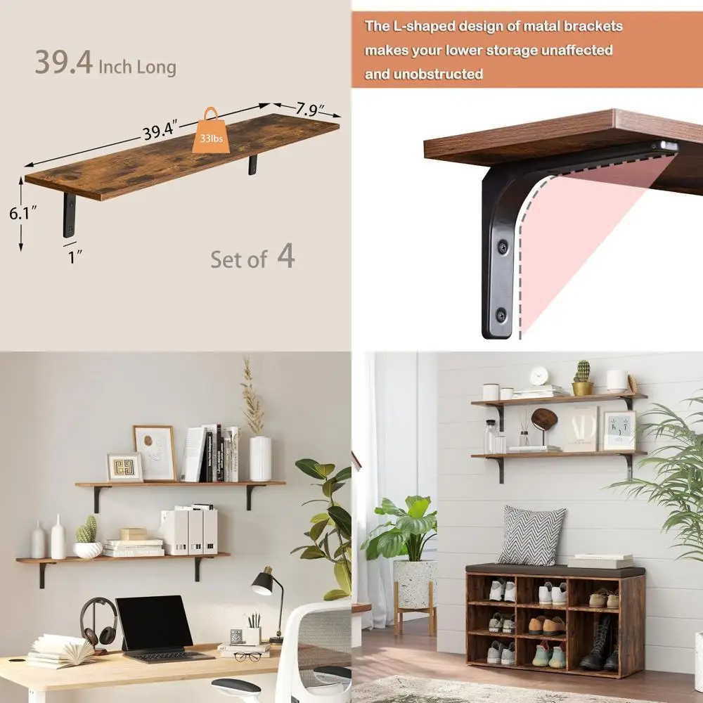 

Set of 4, 39.4 Large Rustic Brown Floating Shelves with Metal Brackets for Home Storage