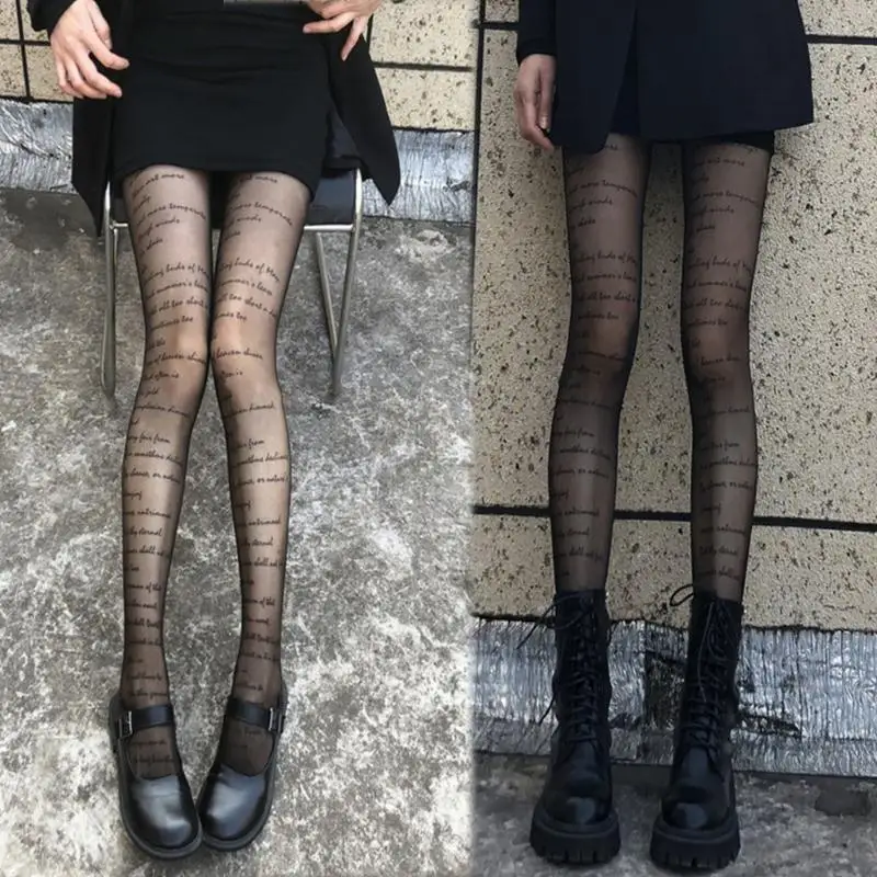 40GC Womens Letter Printed Sexy Open Crotch Sheer Tights Stockings See-Through Mesh Pantyhose Leggings Hosiery Clubwear