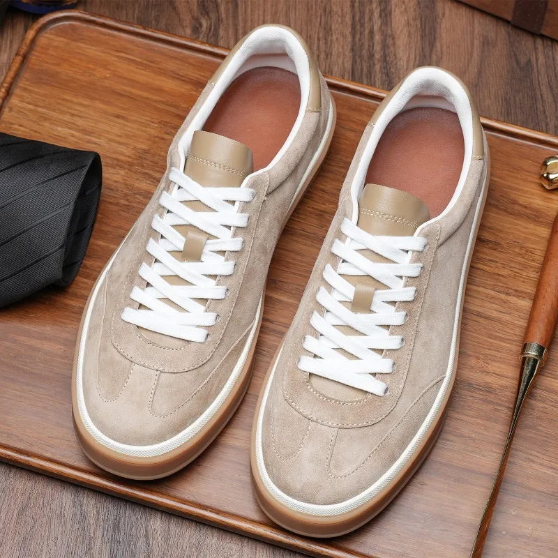 

European Men Shoes Matte Genuine Leather Outdoor Flat-Sole Athletic Casual Shoes British Low-Top Dress Sneakers