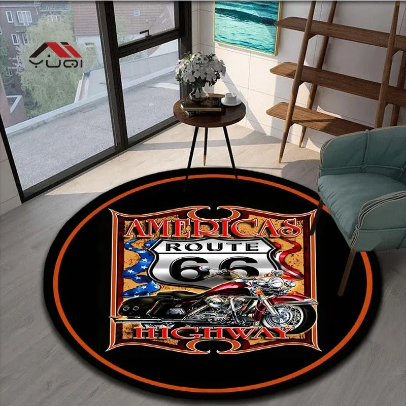 Route66 Car Motorcycles Round Carpet for Living Room Rugs Kids Carpet Soft Non-slip Floor Mat for Bedroom Carpet Tapis 5 Sizes