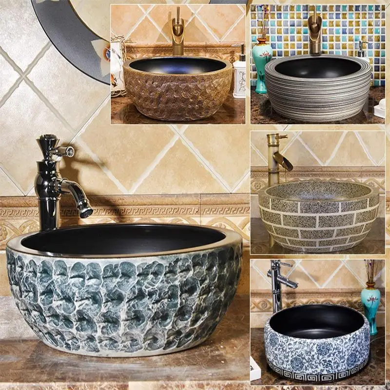 Chinese Retro Art Countertop Basin Bathroom Round Ceramic Washbasin Antique Countertop Basin Chinese Countertop Washbasin