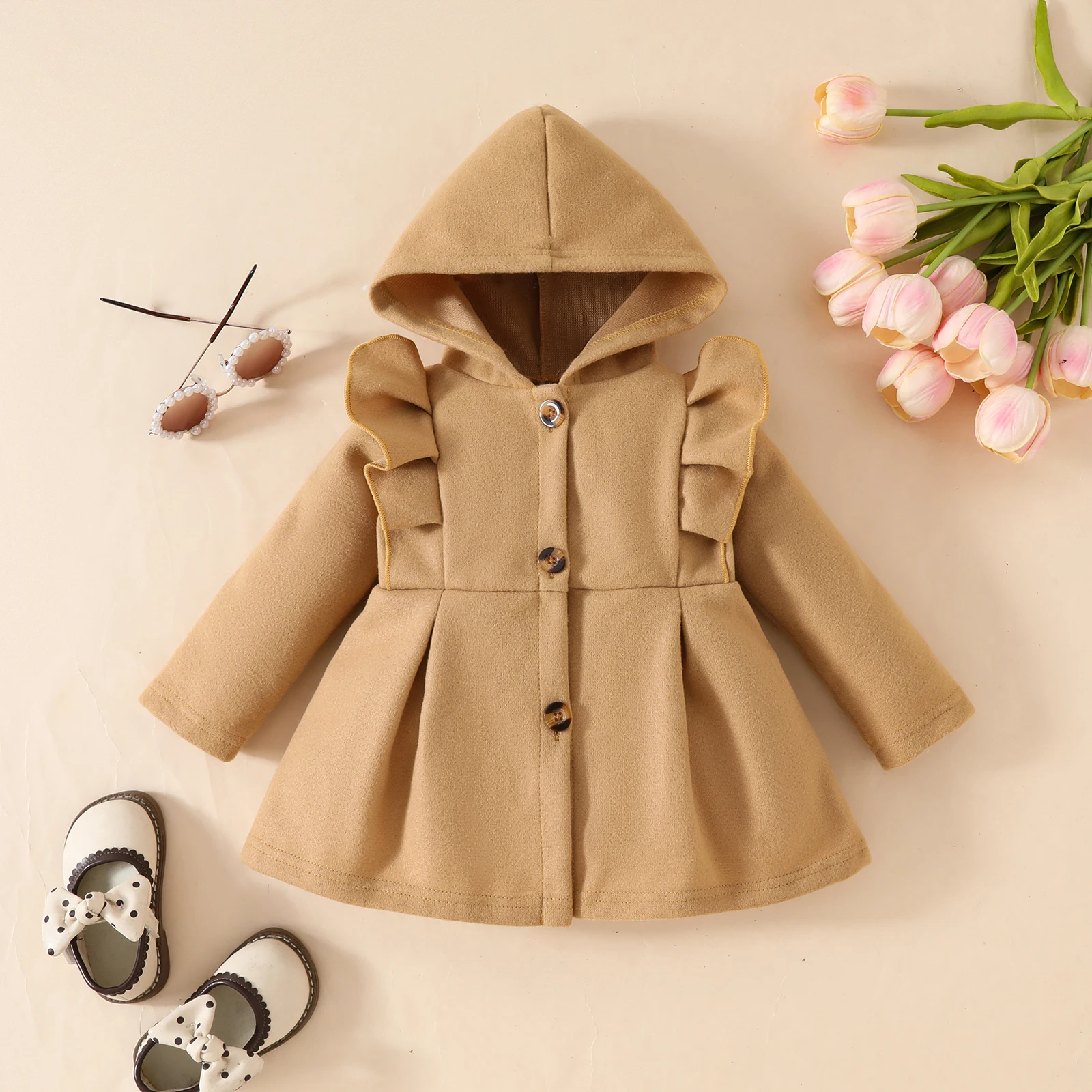 Solid hooded single-breasted coat for babies and girls in autumn and winter