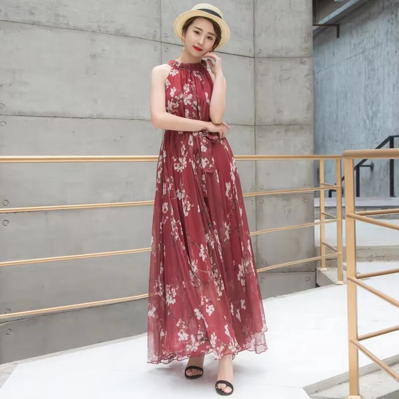 Verano Floral gasa Floral sin mangas tirantes Maxi vestido para mujer Sexy espalda descubierta playa Boho mujer vestido veraniego fotografía