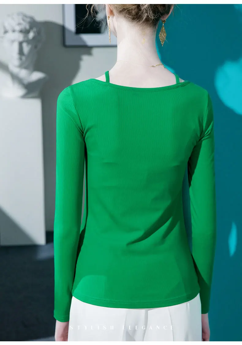 المرأة باويلون رقبة الرسن كم طويل تي شيرت ، جوفاء من خليط ، أضعاف أسفل قميص ، قمم الربيع