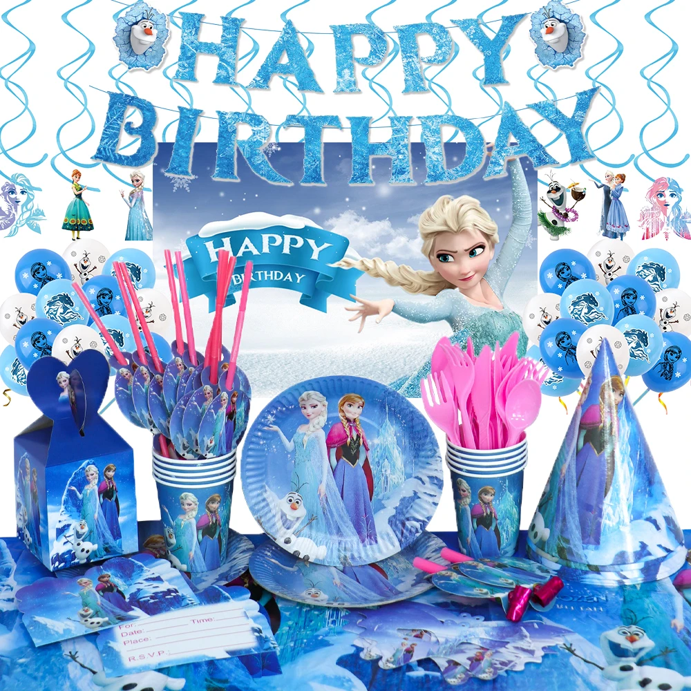 Disney Frozen Elsa Birthday Party Decorations Anna Princess Girl Favor Tableware Paper Plate Straw Banner Balloon Party Supplies