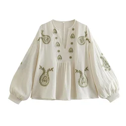 Womens New Loose Cotton Embroidery Shirt Stylish Elegant Long Sleeve Top