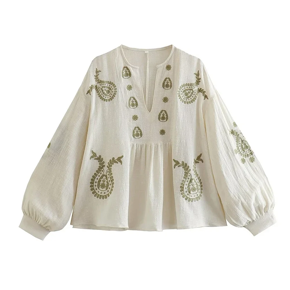 Womens New Loose Cotton Embroidery Shirt Stylish Elegant Long Sleeve Top