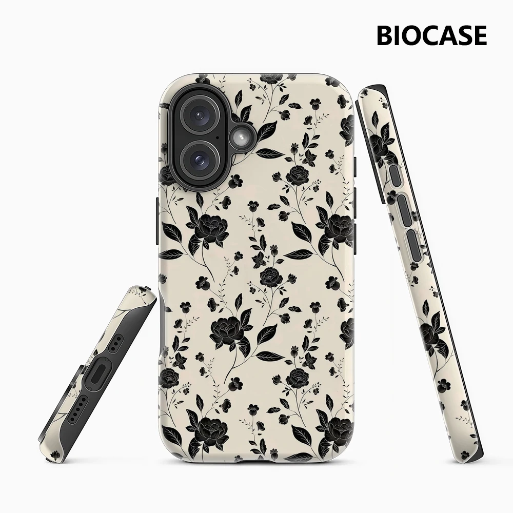 Elegante Vintage-Handyhülle mit schwarzem Blumenmuster für iPhone 17 Must-Haves für iPhone 17 16 15 14 13 12 Pro Max Plus, doppellagige Rückseite