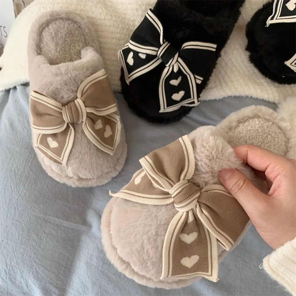 Autumn and Winter Cotton Shoes Love Bow Indoor Baotou Cotton Slippers Women's Autumn and Winter Plush Warm Soft Bottom Shoes