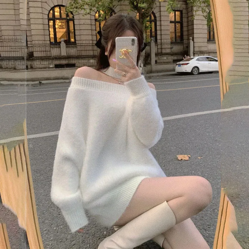 One-Character Collar Shoulder Pullover Knitte Sweater Women Outer Wear 2024 Autumn Winter New Sweet Soft Waxy Loose Sexy Sweater